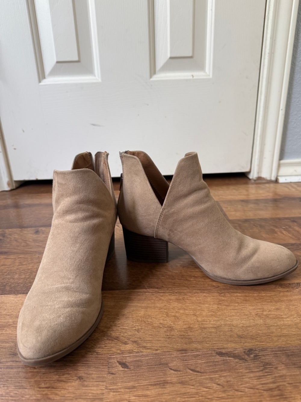 SO Beige Suede Ankle Booties with Low Stacked Heel